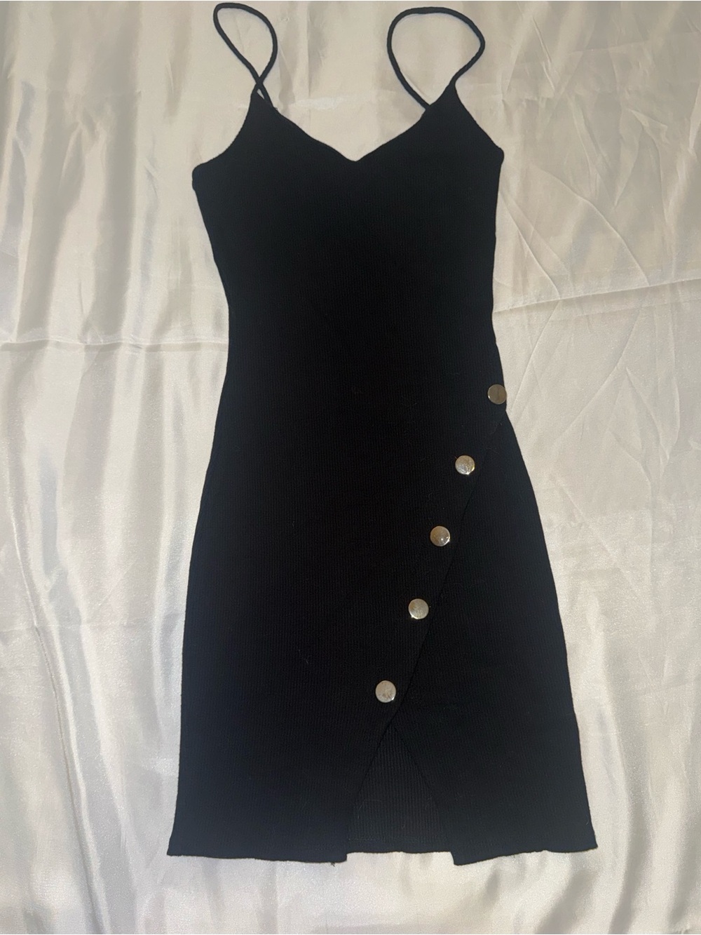 Black Spaghetti Strap Mini Dress with Diagonal Button Detail 🩶